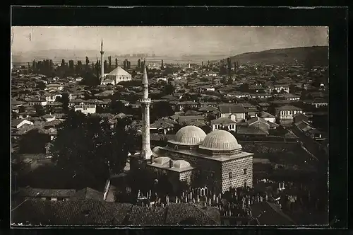 AK Skopje, Teilansicht mit Moscheen aus der Vogelschau