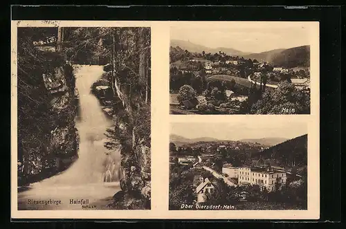 AK Giersdorf im Riesengebirge, der obere Ortsteil, der Hain und Hainfall