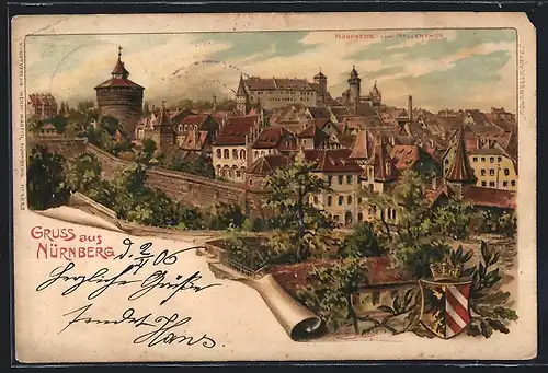 Lithographie Nürnberg, Ortsansicht mit Wappen
