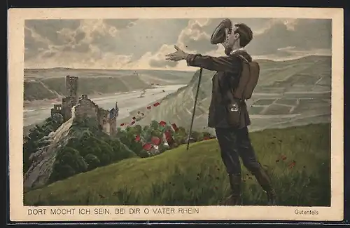 Künstler-AK Gutenfels, Deklamierender Wanderer am Rhein, mit Burg- und Ortsblick