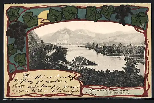 Passepartout-Lithographie Rolandseck, Ortsansicht mit Nonnenwerth und Siebengebirge, Wein-Ornament mit Vollmond