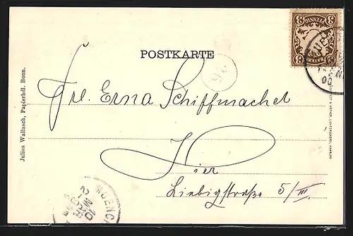 Passepartout-Lithographie Rolandseck, Ortsansicht mit Nonnenwerth und Siebengebirge, Wein-Ornament mit Vollmond