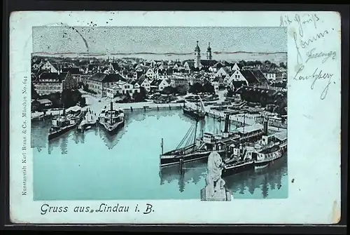 Goldfenster-AK Lindau /Bodensee, Hafen mit Ortsansicht aus der Vogelschau, mit leuchtenden Fenstern