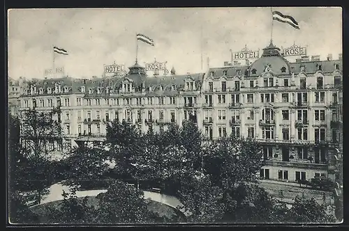 AK Wiesbaden, Hotel Rose mit Anlagen an der Kochbrunnenquelle