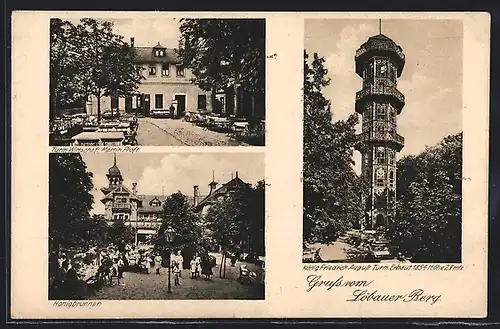 AK Löbau, Gasthaus Honigbrunnen und König Friedrich August Turm