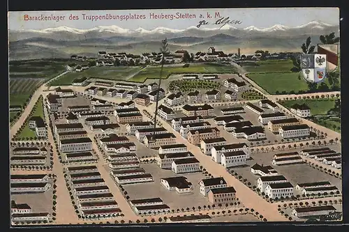 Künstler-AK Heuberg-Stetten a. k. M., Blick auf das Barackenlager des Truppenübungsplatzes