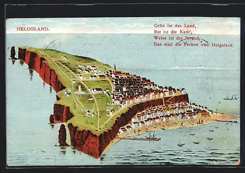 AK Helgoland, Die Insel aus der Vogelschau mit Spruch