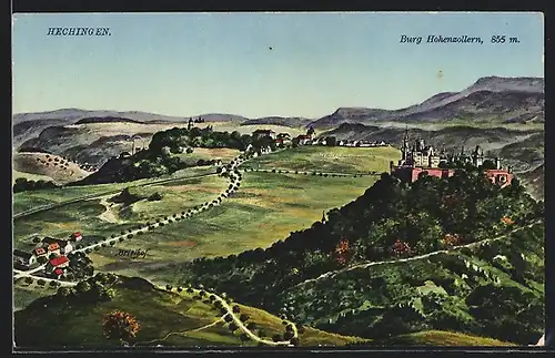AK Hechingen, Blick auf die Burg Hohenzollern mit Blick ins umliegende Tal