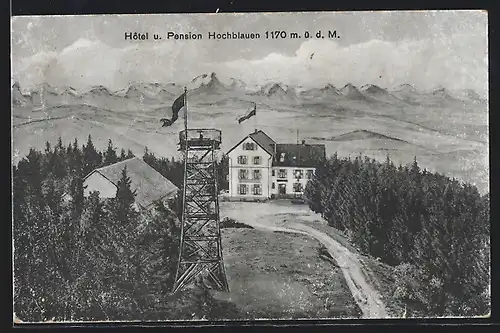 AK Badenweiler, Hotel u. Pension Hochblauen, Bes. F. Haas mit Turm
