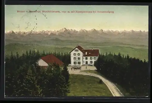 AK Badenweiler, Hotel und Pension Hochblauen mit Alpenpanorama bei Sonnenaufgang