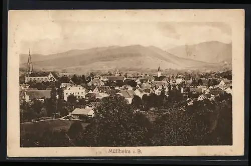 AK Müllheim i. B., Ortsansicht mit Bergkulisse