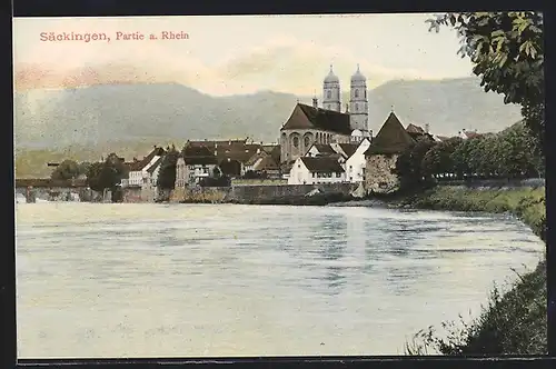 AK Säckingen, Partie am Rhein mit Kirche
