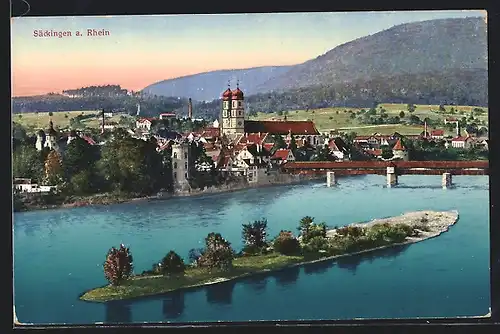 AK Säckingen a. Rhein, Ortsansicht mit Insel und Brücke