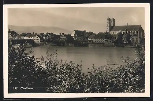 AK Bad Säckingen, Rheinpartie mit Kirche und Brücke