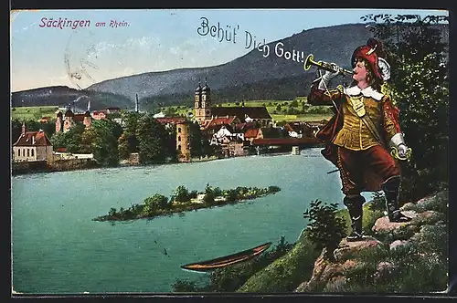 AK Säckingen a. Rh., Blick über den Rhein zum Ort, Trompeter von Säckingen