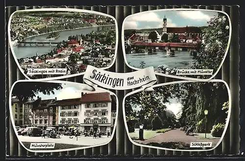 Passepartout-AK Säckingen /Rh., Münsterplatz, Brücke mit Münster, Ortsansicht