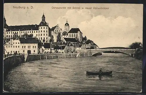 AK Neuburg a. D., Donaupartie mit Schloss & neuer Donaubrücke