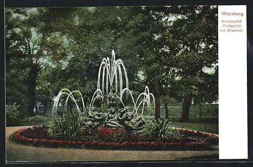AK Würzburg, Juliusspital, Parkpartie mit Brunnen