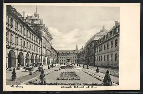 AK Würzburg, Juliusspital, Hofansicht mit Kirche