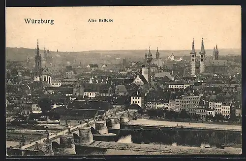 AK Würzburg, Blick auf die alte Brücke und die Stadt