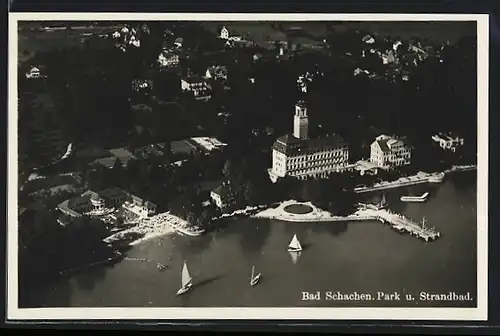 AK Bad Schachen, Park und Strandbad vom Flugzeug aus