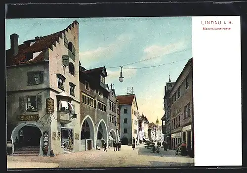 AK Lindau i. B., Maximilianstrasse mit Gasthaus Franke zum Pflug & Geschäften