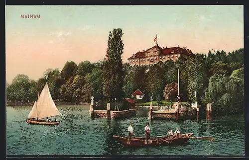 AK Mainau, Schiffsanleger und Blick zum Schloss