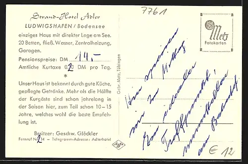 AK Ludwigshafen am Bodensee, Totalansicht, Grand Hotel Adler, Gastzimmer und Speisesaal