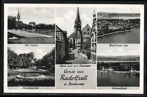 AK Radolfzell am Bodensee, Totalansicht, Strandbad, Am Hafen, Stadtgarten, Münster