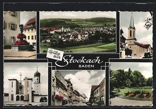 AK Stockach in Baden, Gesamtansicht, der Marktbrunnen, die Kirche, Parkanlagen, Strasse durch den Ort