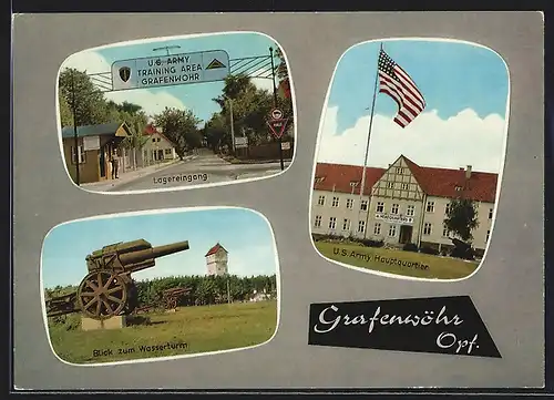 AK Grafenwöhr /Opf., US Army Hauptquartier, Lagereingang, Blick zum Wasserturm