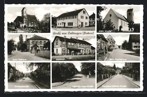 AK Haltingen / Baden, Bahnhof, Kirche, Hermann-Währer-Strasse, Friedensstrasse