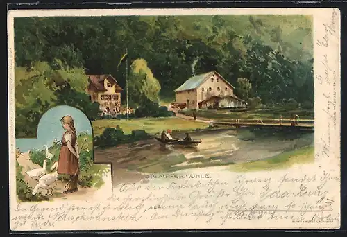 Lithographie Stempfermühle, Uferpartie mit Bücke und Boot, Gänsemädchen