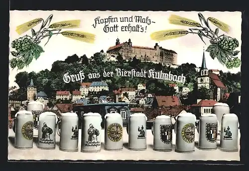 AK Kulmbach, Ortsansicht mit Bierkrügen, Ähren und Hopfen