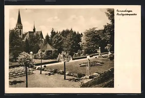 AK Emmendingen, Stadtgartenpartie mit Kirche aus der Vogelschau