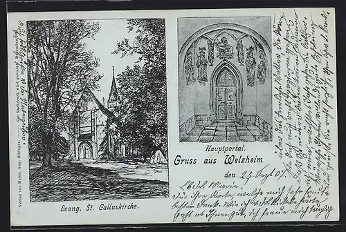 Künstler-AK Welzheim, St. Galluskirche, Hauptportal