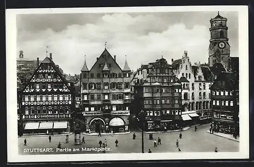 AK Stuttgart, Marktplatz mit Passanten aus der Vogelschau