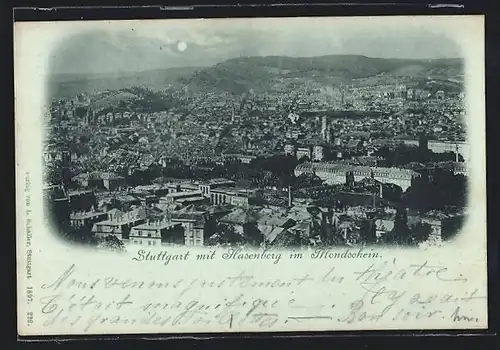 AK Stuttgart, Ortsansicht mit Hasenberg im Mondschein