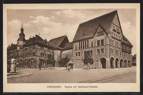 AK Nordhausen, Rathaus mit Sparkasse, Litfasssäule