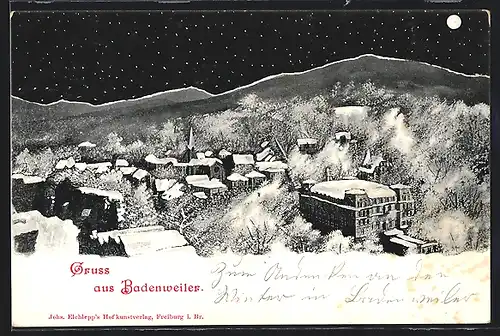 Mondschein-AK Badenweiler, Ortsansicht im Winter