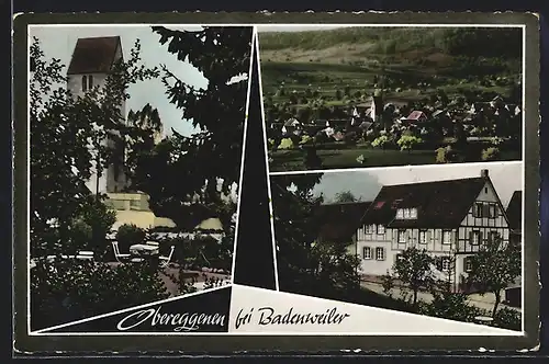 AK Obereggenen bei Badenweiler, Gasthaus-Pension Grafs Weinstuben, Kirche, Ortsansicht
