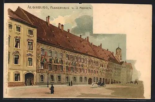 Lithographie Augsburg, Fuggerhaus und Gasthaus 3 Mohren