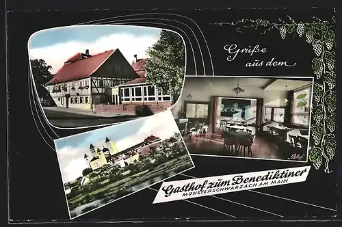 Passepartout-AK Münsterschwarzach /Main, Gasthof zum Benediktiner K. J. Kieser, Ortsansicht mit Münster