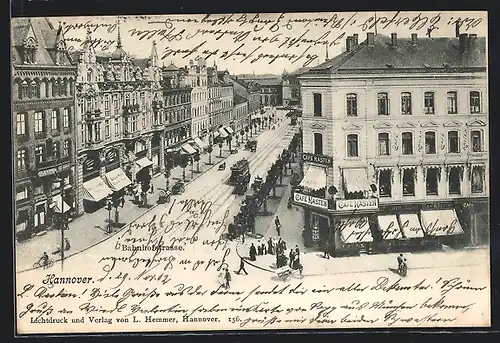 AK Hannover, Bahnhofstrasse mit Strassenbahn und Cafe Kasten aus der Vogelschau
