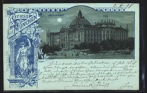 Mondschein-Lithographie München, Justizpalast mit Anlagen, Justizia