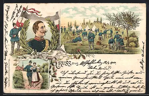 Lithographie Kaisermanöver, Soldat mit Braut, Lager, Kaiserportrait, Wappen
