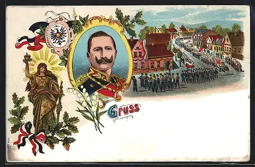 Lithographie Militärparade, Kaiserportrait, Reichswappen, Germania