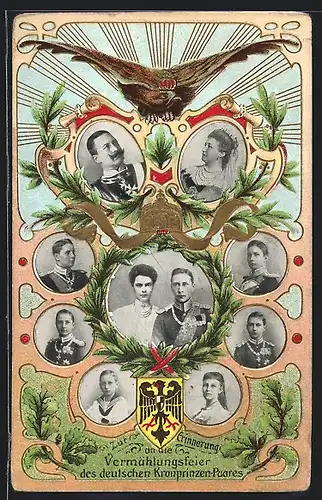 Präge-AK Vermählungsfeier des deutschen Kronprinzenpaares, Portraits, Reichswappen, Adler