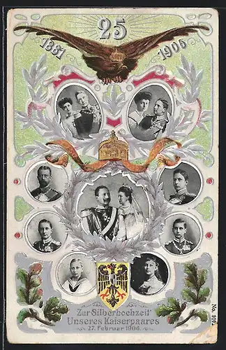 Präge-AK Silberhochzeit des deutschen Kaiserpaars 1906, Portraits, Reichswappen, Adler