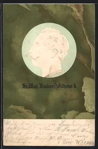 Lithographie Kaiser Wilhelm II., geprägtes Seitenportrait
